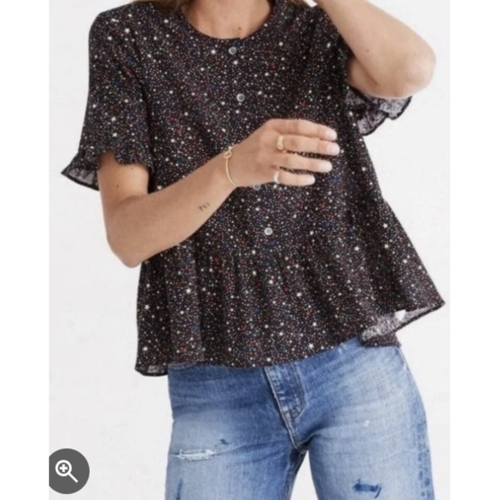 Madewell Star Print Button Front  Flutter Sleeve Babydoll Peplum Top XS Black